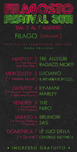 FILAGOSTO FESTIVAL: dal 2 al 7 agosto a Bergamo con TRE ALLEGRI RAGAZZI MORTI, LE LUCI DELLA CENTRALE ELETTRICA, BRUNORI SAS e molti altri